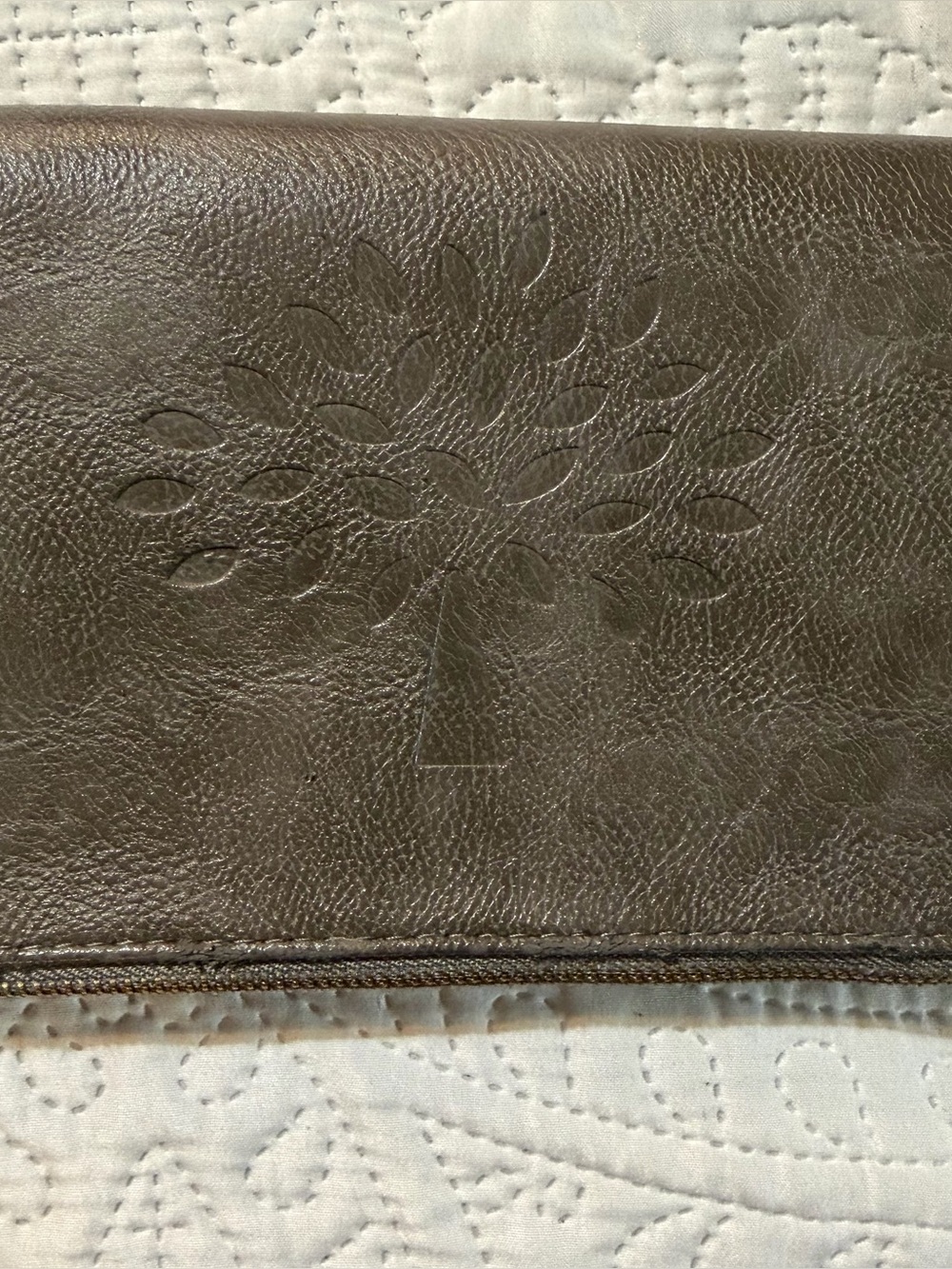 Mulberry Gray Dark Olive Zip Folding Clutch Wallet Tree Logo Embossed Pebbled